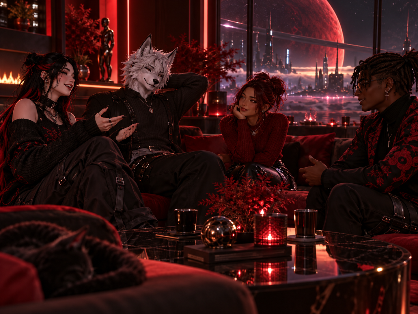 Virtual avatars talking together in a red-lit lounge