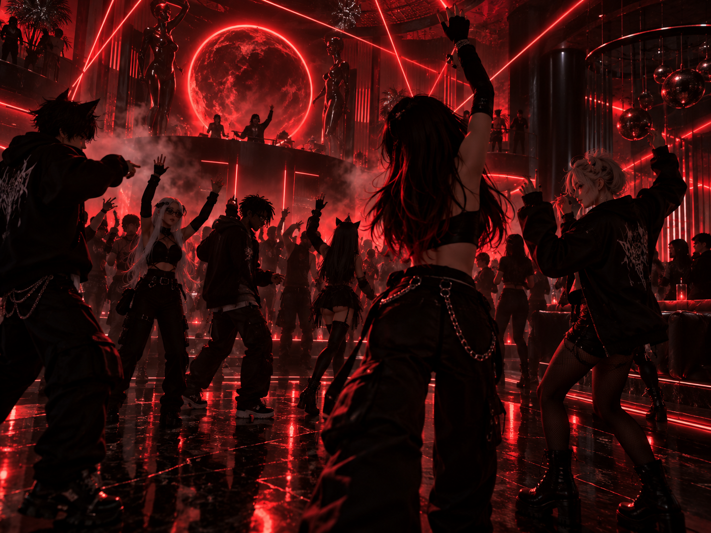 Virtual avatars enjoying a crimson-lit dance floor
