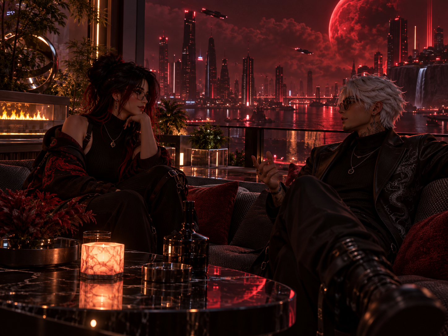 Two virtual avatars talking on a neon-lit rooftop